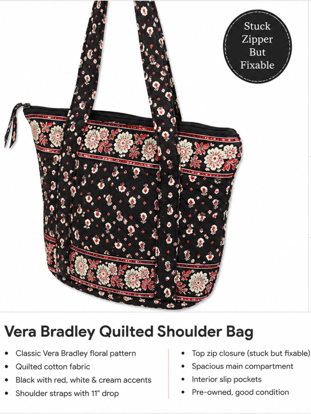 Vera Bradley Black Floral Quilted Shoulder Tote with Red and Cream Accents